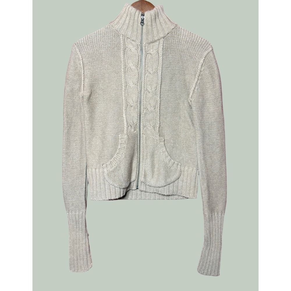 VTG Old Navy Cardigan Sweater Women XS Tan Good Cable Knit Full Zip Mock Neck